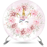 Aperturee - White Pink Floral Unicorn Round Birthday Backdrop